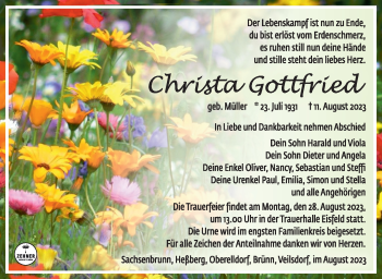 Traueranzeige von Christa Gottfried von Südthüringer Presse