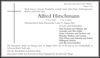 Traueranzeige von Alfred Hirschmann von Frankenpost