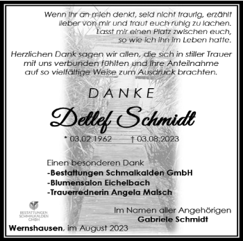 Traueranzeige von Detlef Schmdt von Südthüringer Presse