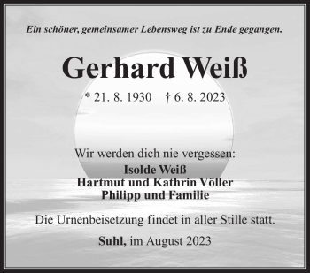 Traueranzeige von Gerhard Weiß von Südthüringer Presse