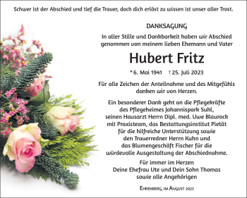 Traueranzeige von Hubert Fritz von Südthüringer Presse