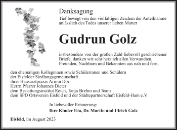 Traueranzeige von Gudrun Golz von Südthüringer Presse