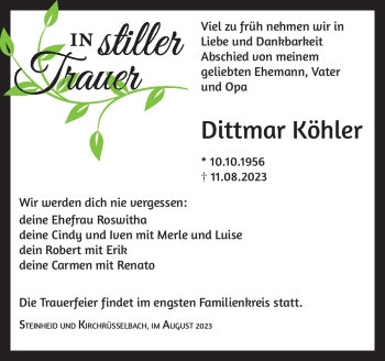Traueranzeige von Dittmar Köhler von Südthüringer Presse