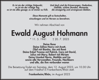 Traueranzeige von Ewald Hohmann von Südthüringer Presse