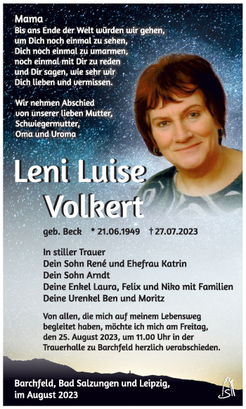 Traueranzeige von Leni Luise Volkert von Südthüringer Presse