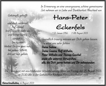 Traueranzeige von Hans-Peter Eckenfels von Südthüringer Presse