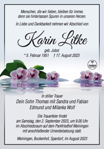 Traueranzeige von Karin Litke von Südthüringer Presse