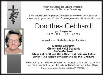 Traueranzeige von Dorothea Gebhardt von Frankenpost