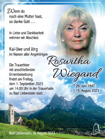 Traueranzeige von roswitha Wiegand von Südthüringer Presse