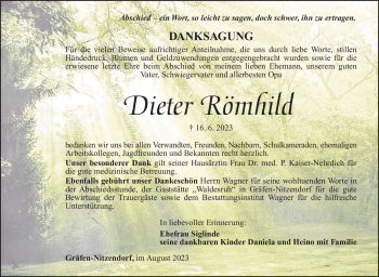 Traueranzeige von Dieter Römhild von Südthüringer Presse