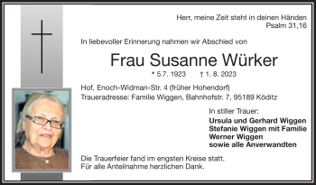 Traueranzeige von Susanne Würker von Frankenpost