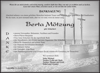 Traueranzeige von Berta Mötzung von Südthüringer Presse