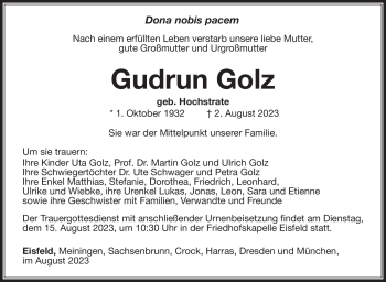 Traueranzeige von Gudrun Golz von Südthüringer Presse