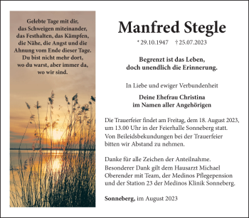 Traueranzeige von Manfred Stegle von Südthüringer Presse