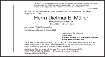 Traueranzeige von Dietmar E. Müller von Frankenpost