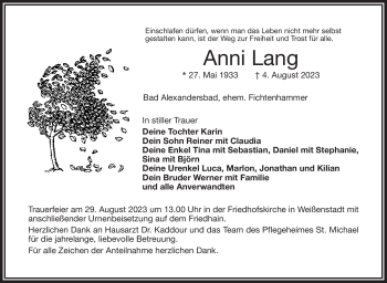 Traueranzeige von Anni Lang von Frankenpost