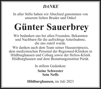 Traueranzeige von Günter Sauerbrey von Südthüringer Presse