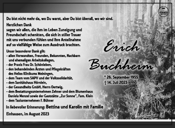Traueranzeige von Erich Buchheim von Südthüringer Presse
