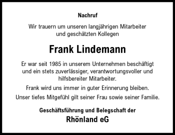 Traueranzeige von Frank Lindemann von Südthüringer Presse