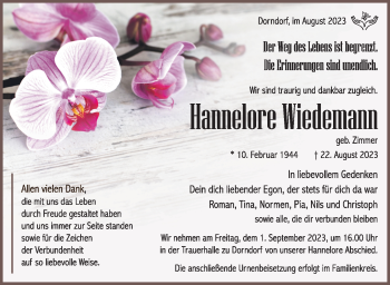 Traueranzeige von Hannelore Wiedemann von Südthüringer Presse