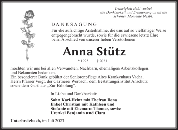 Traueranzeige von Anna Stütz von Südthüringer Presse
