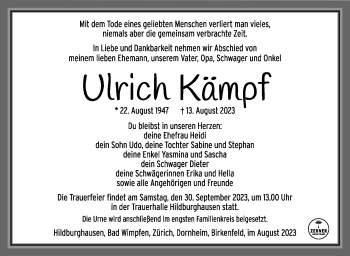 Traueranzeige von Ulrich Kämpf von Südthüringer Presse