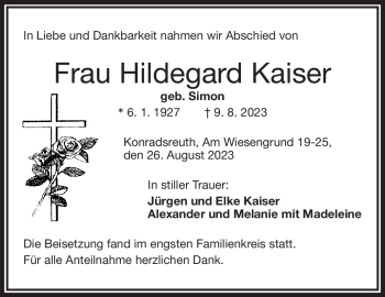 Traueranzeige von Hildegard Kaiser von Frankenpost