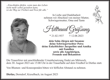 Traueranzeige von Hiltraud Grüßung von Südthüringer Presse