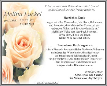 Traueranzeige von Melitta Fuckel von Südthüringer Presse