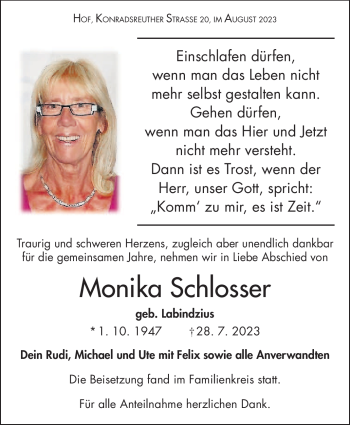 Traueranzeige von Monika Schlosser von Frankenpost
