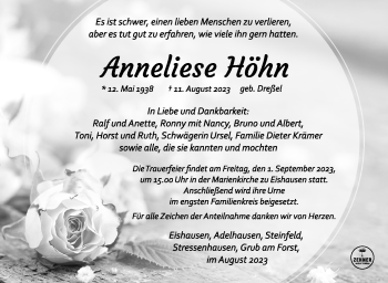 Traueranzeige von Anneliese Höhn von Südthüringer Presse
