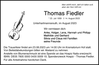 Traueranzeige von Thomas Fiedler von Frankenpost