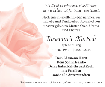 Traueranzeige von Rosemarie Kortsch von Südthüringer Presse