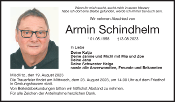 Traueranzeige von Armin Schindhelm von Neue Presse Coburg