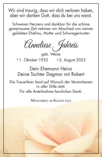 Traueranzeige von Anneliese Jahreis von Frankenpost