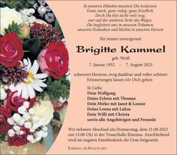 Traueranzeige von Brigitte Kammel von Südthüringer Presse