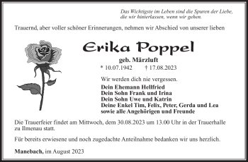 Traueranzeige von Erika Poppel von Südthüringer Presse