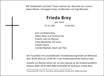 Traueranzeige von Frieda Brey von Frankenpost