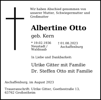 Traueranzeige von Albertine Otto von Frankenpost