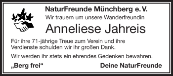 Traueranzeige von Anneliese Jahreis von Frankenpost