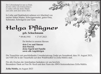 Traueranzeige von Helga Pflügner von Südthüringer Presse