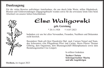 Traueranzeige von Else Waligorski von Südthüringer Presse
