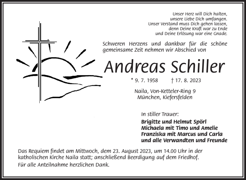  Traueranzeige für Andreas Schiller vom 19.08.2023 aus Frankenpost