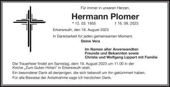 Traueranzeige von Hermann Plomer von Frankenpost