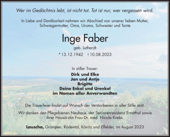 Traueranzeige von Inge Faber von Südthüringer Presse