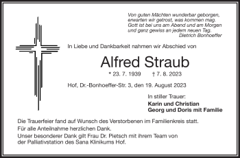 Traueranzeige von Alfred Straub von Frankenpost