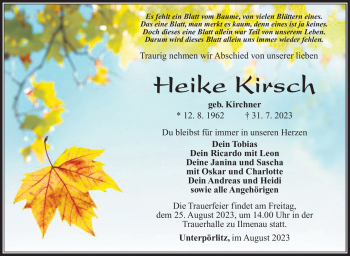 Traueranzeige von Heike Kirsch von Südthüringer Presse