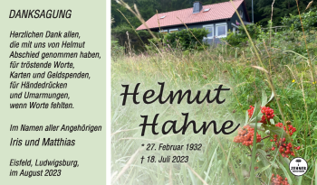 Traueranzeige von Helmut Hahne von Südthüringer Presse