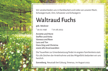 Traueranzeige von Waltraud Fuchs von Südthüringer Presse