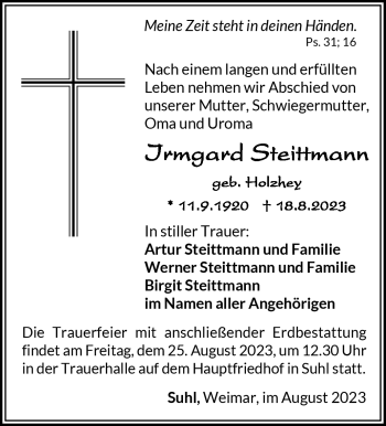 Traueranzeige von Irmgard Steittmann von Südthüringer Presse